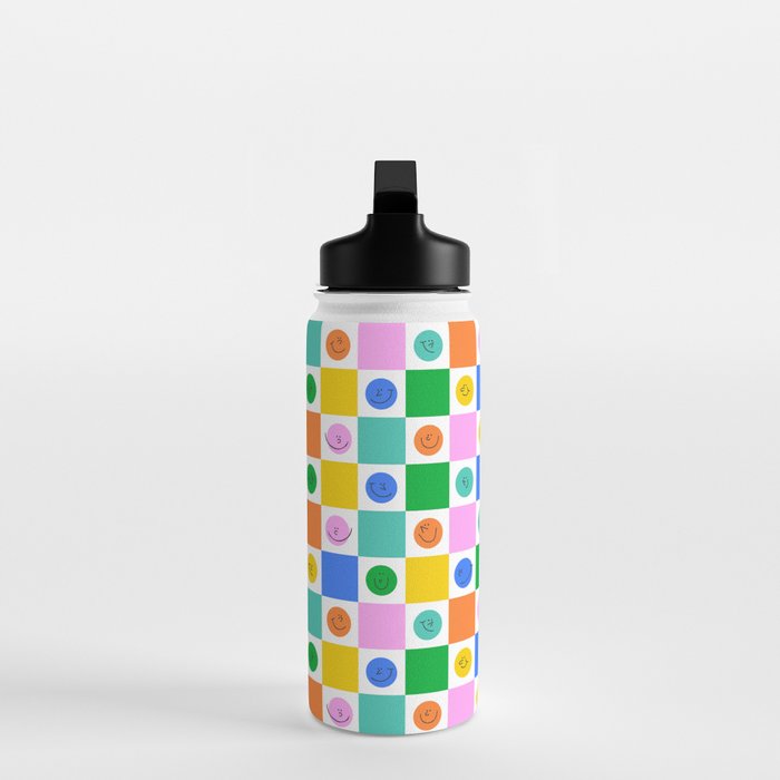 Colorful happy face checkered pattern art Water Bottle Gallery Image 3