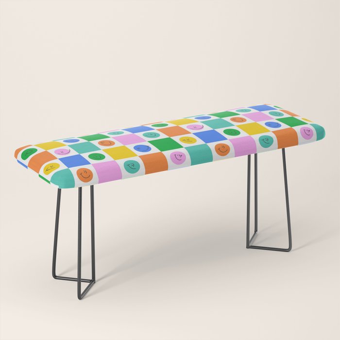 Colorful happy face checkered pattern art Bench Gallery Image 1
