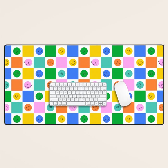 Colorful happy face checkered pattern art Desk Mat Gallery Image 1
