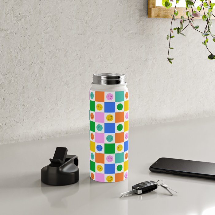 Colorful happy face checkered pattern art Water Bottle Gallery Image 4