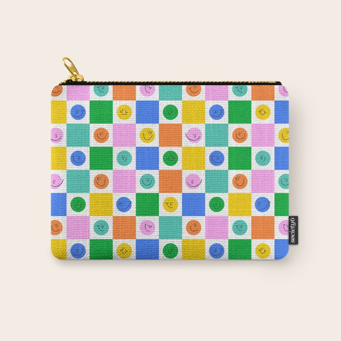 Colorful happy face checkered pattern art Carry All Pouch Gallery Image 1