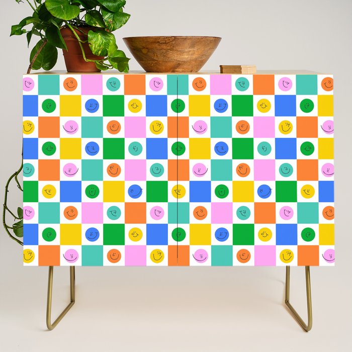 Colorful happy face checkered pattern art Credenza Gallery Image 1