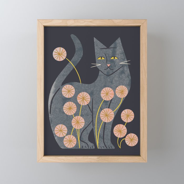 Gray Cat And Flowers Mini Art Print Gallery Image 1