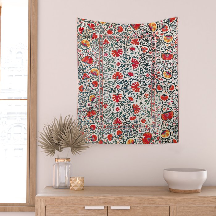Shakhrisyabz Suzani Uzbekistan Floral Embroidery Print Wall Tapestry Gallery Image 2
