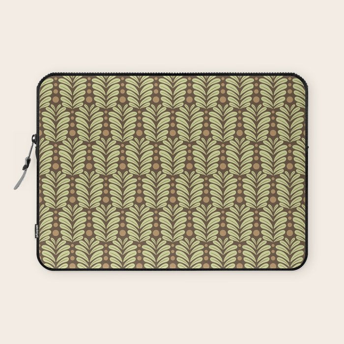 Lime on Brown Botanical Scalloped Art Deco Pattern Laptop Sleeve Gallery Image 1