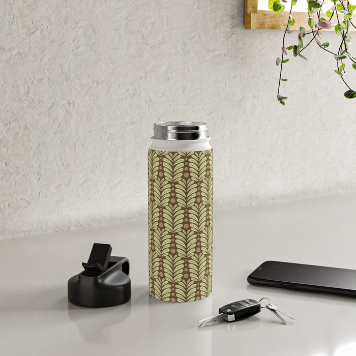 Lime on Brown Botanical Scalloped Art Deco Pattern Water Bottle Gallery Image 4