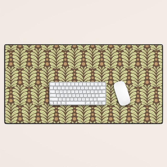 Lime on Brown Botanical Scalloped Art Deco Pattern Desk Mat Gallery Image 1