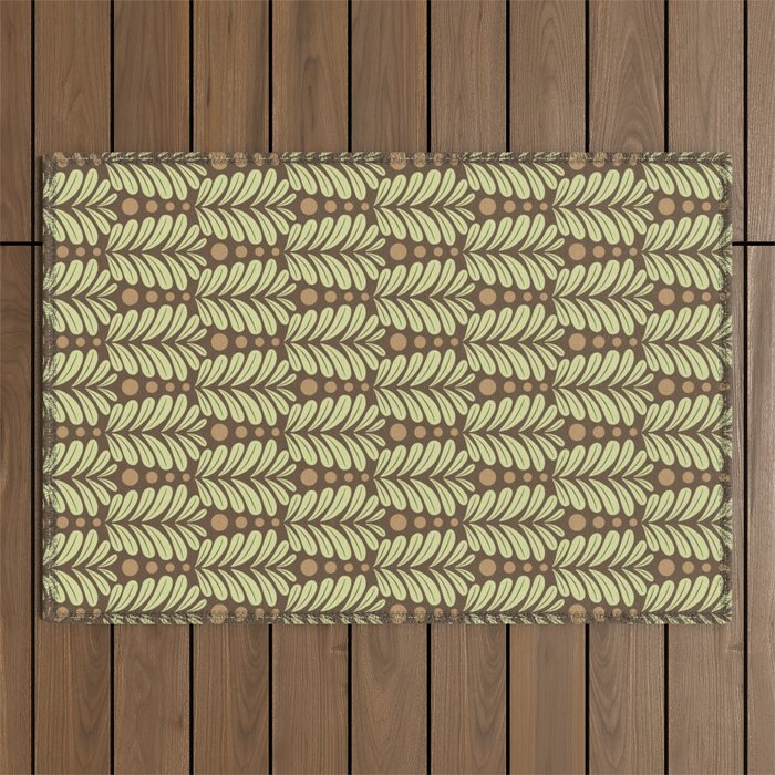 Lime on Brown Botanical Scalloped Art Deco Pattern Outdoor Rug Gallery Image 1