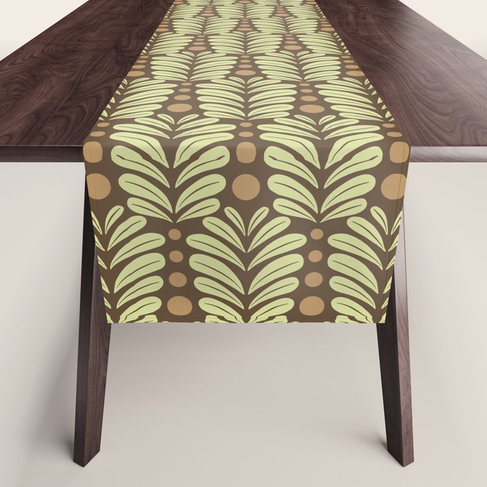 Lime on Brown Botanical Scalloped Art Deco Pattern Table Runner Gallery Image 1