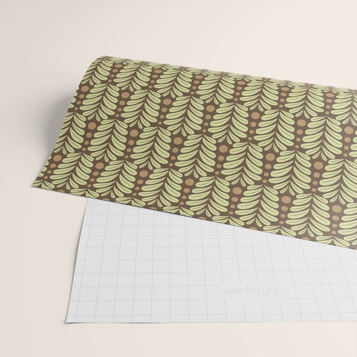Lime on Brown Botanical Scalloped Art Deco Pattern Wrapping Paper Gallery Image 2