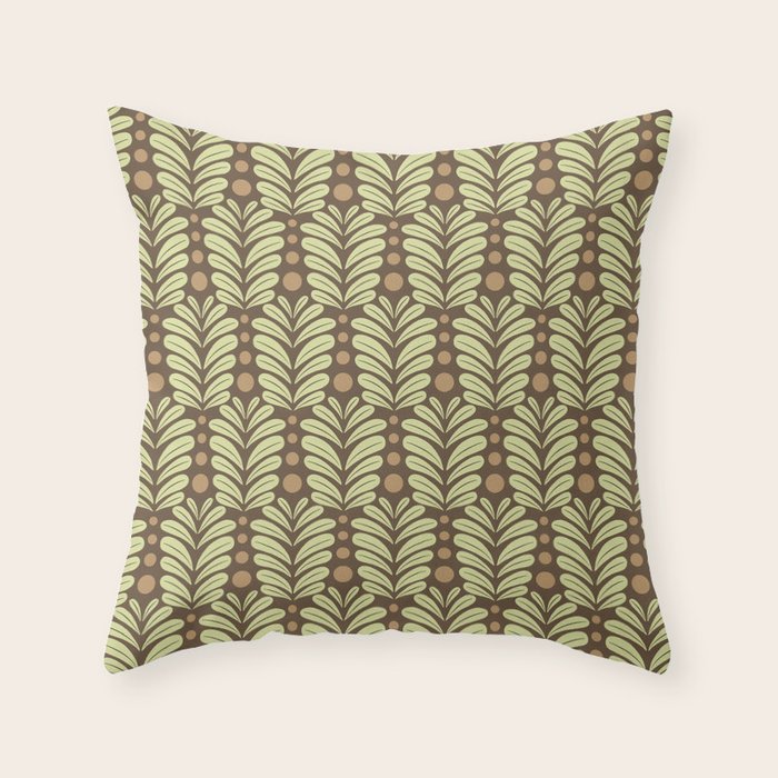 Lime on Brown Botanical Scalloped Art Deco Pattern Throw Pillow Gallery Image 6