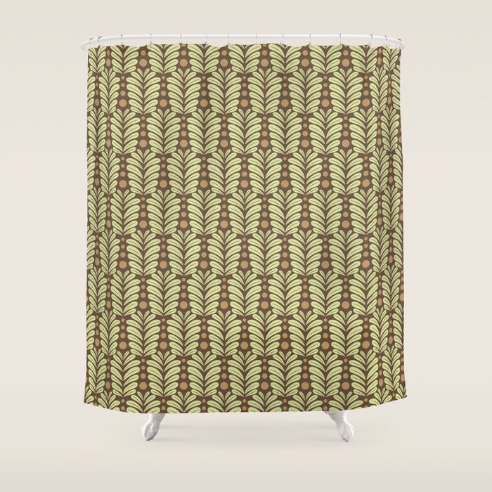 Lime on Brown Botanical Scalloped Art Deco Pattern Shower Curtain Gallery Image 1