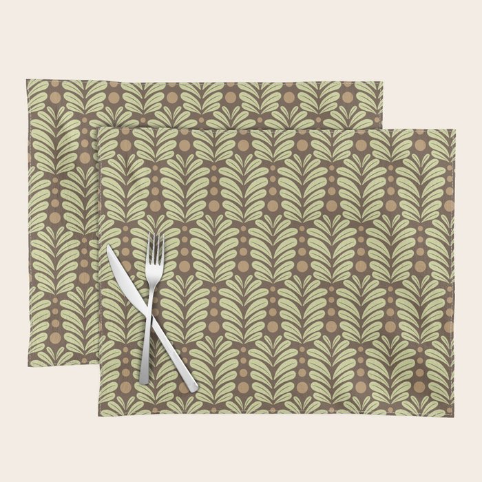 Lime on Brown Botanical Scalloped Art Deco Pattern Placemat Gallery Image 1