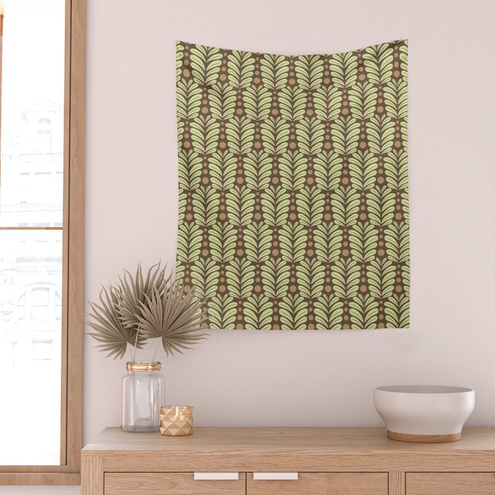 Lime on Brown Botanical Scalloped Art Deco Pattern Wall Tapestry Gallery Image 2
