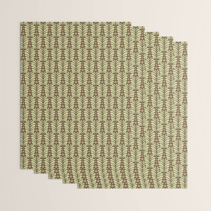 Lime on Brown Botanical Scalloped Art Deco Pattern Wrapping Paper Gallery Image 3