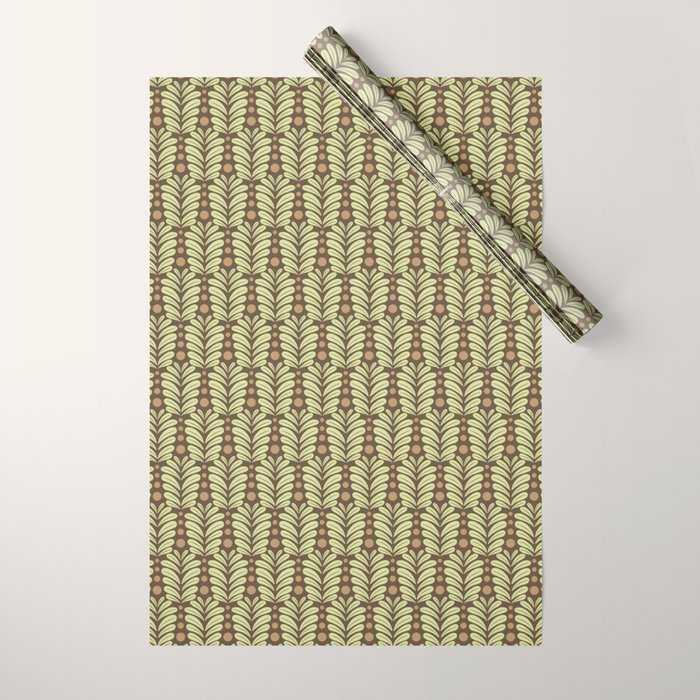 Lime on Brown Botanical Scalloped Art Deco Pattern Wrapping Paper Gallery Image 1