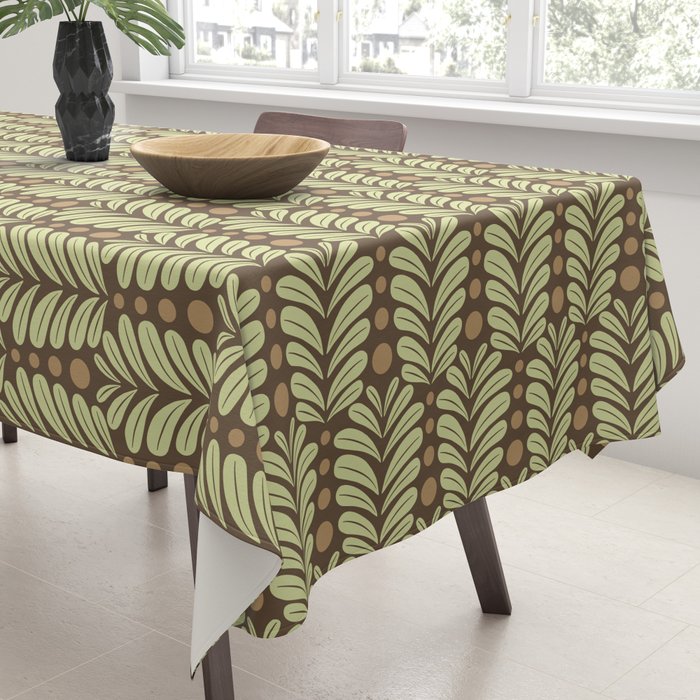 Lime on Brown Botanical Scalloped Art Deco Pattern Tablecloth Gallery Image 3