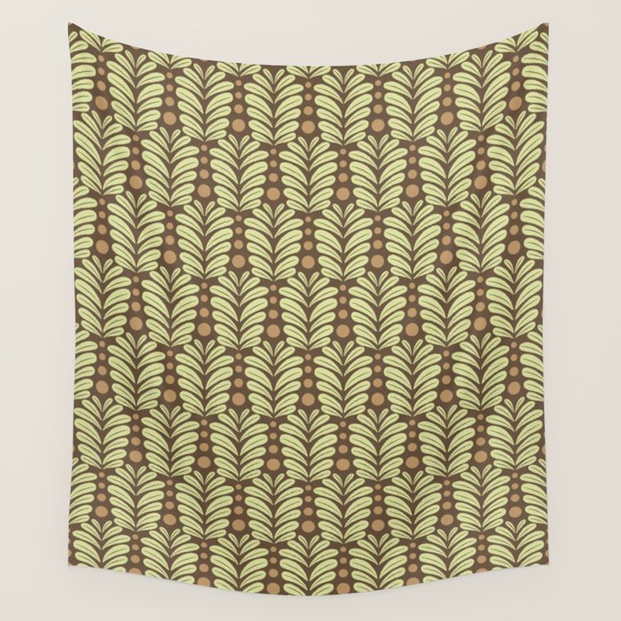 Lime on Brown Botanical Scalloped Art Deco Pattern Wall Tapestry Gallery Image 4