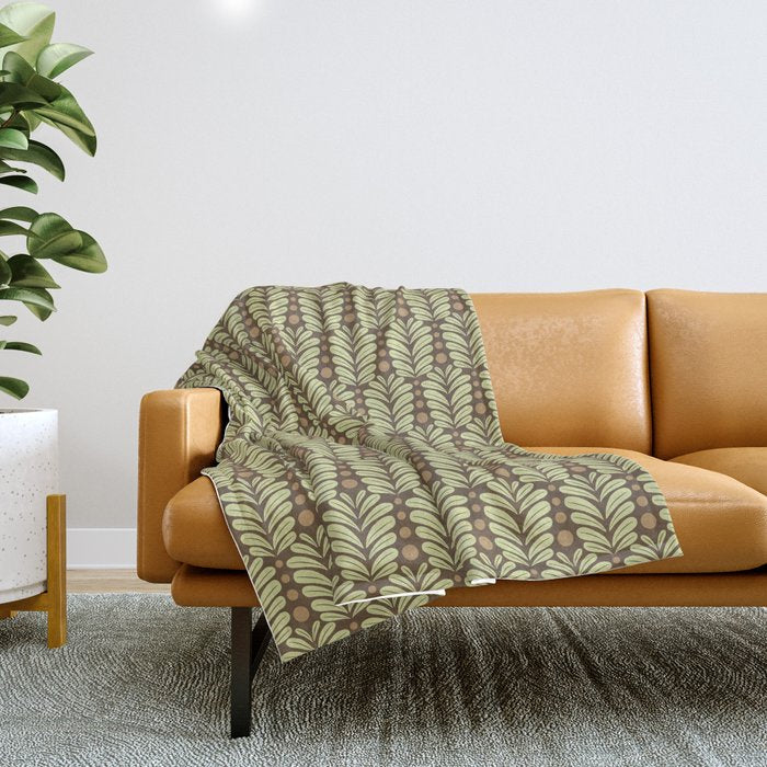 Lime on Brown Botanical Scalloped Art Deco Pattern Throw Blanket Gallery Image 1