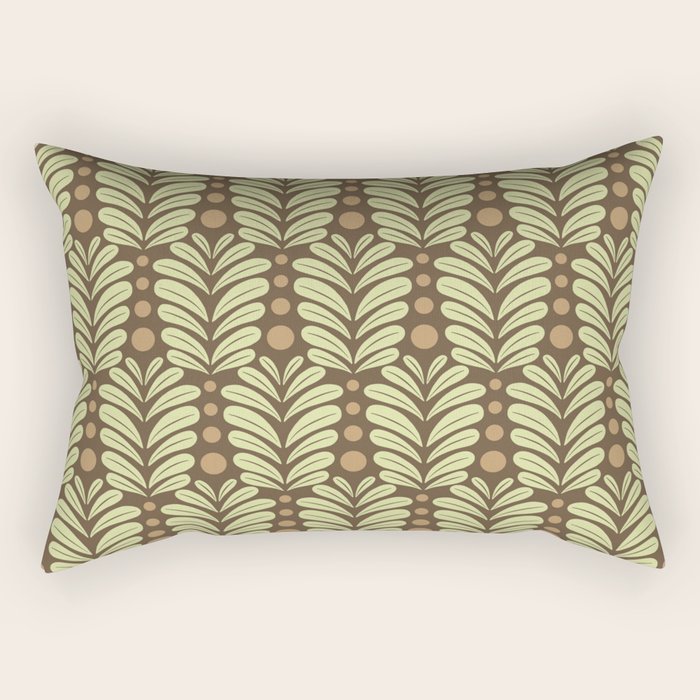 Lime on Brown Botanical Scalloped Art Deco Pattern Rectangular Pillow Gallery Image 1
