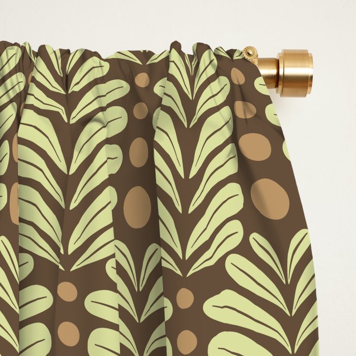 Lime on Brown Botanical Scalloped Art Deco Pattern Window Curtain Gallery Image 2