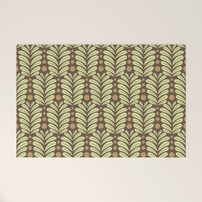 Lime on Brown Botanical Scalloped Art Deco Pattern Welcome Mat Gallery Image 1