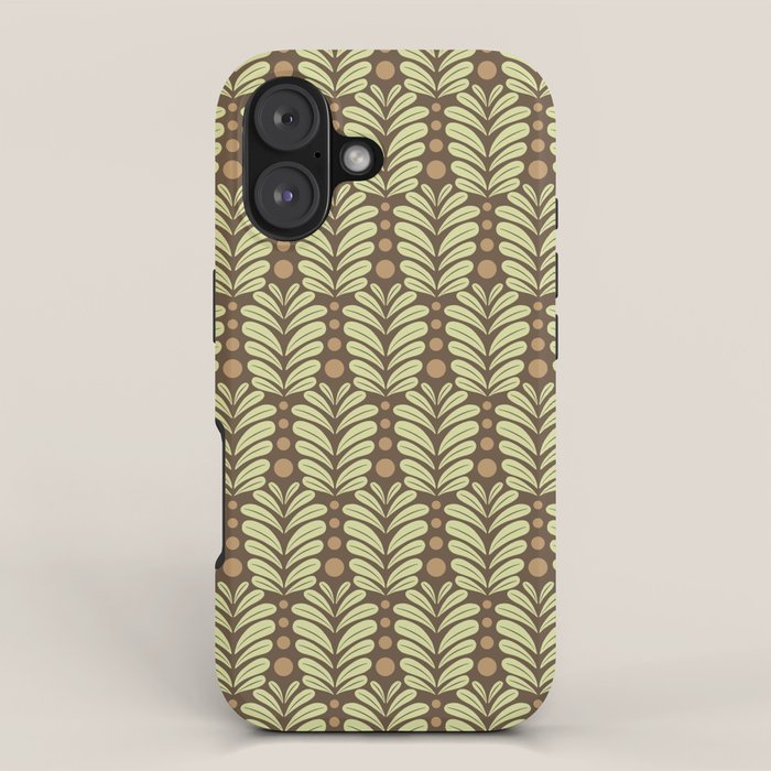 Lime on Brown Botanical Scalloped Art Deco Pattern iPhone Case Gallery Image 1