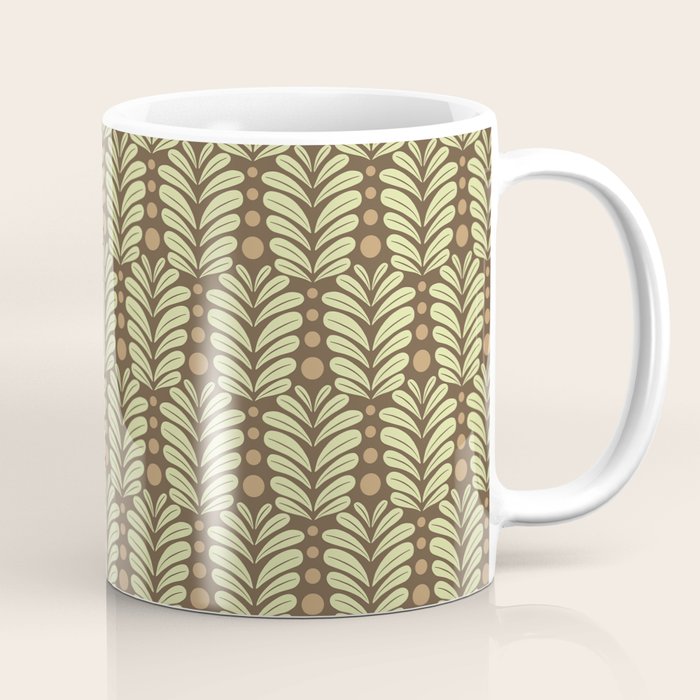 Lime on Brown Botanical Scalloped Art Deco Pattern Coffee Mug Gallery Image 1