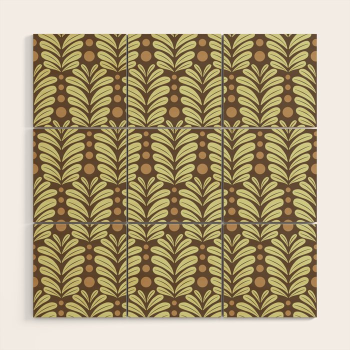 Lime on Brown Botanical Scalloped Art Deco Pattern Wood Wall Art Gallery Image 1