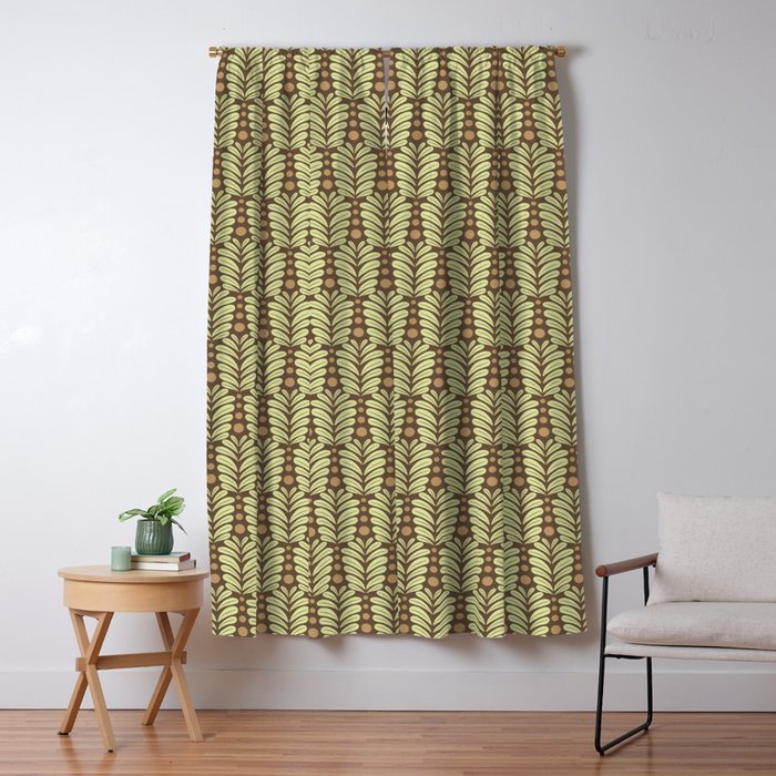 Lime on Brown Botanical Scalloped Art Deco Pattern Window Curtain Gallery Image 5