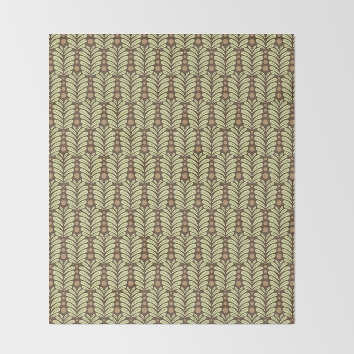 Lime on Brown Botanical Scalloped Art Deco Pattern Throw Blanket Gallery Image 2