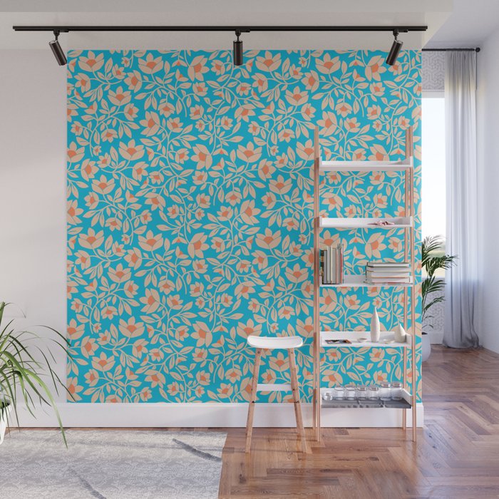 Tropical Blooms Pattern - Blue Wall Mural Gallery Image 1