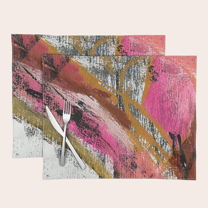 Motivation [3] : a colorful, vibrant abstract piece in pink red, gold, black and white Placemat Gallery Image 1