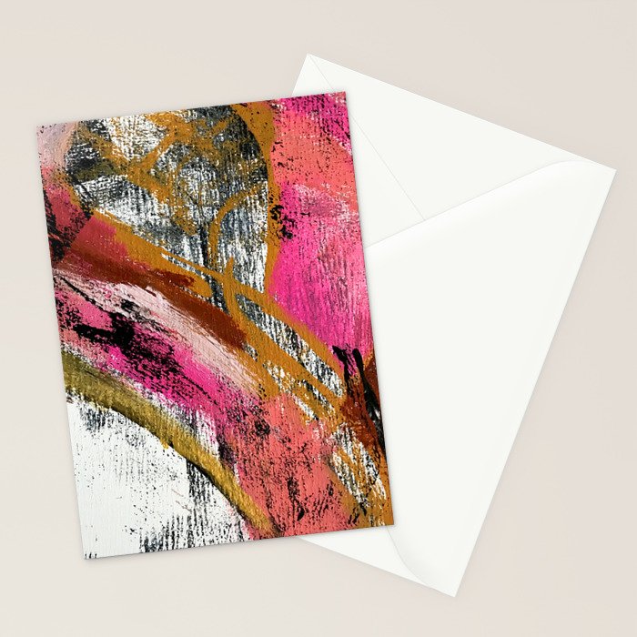 Motivation [3] : a colorful, vibrant abstract piece in pink red, gold, black and white Stationery Card Gallery Image 2