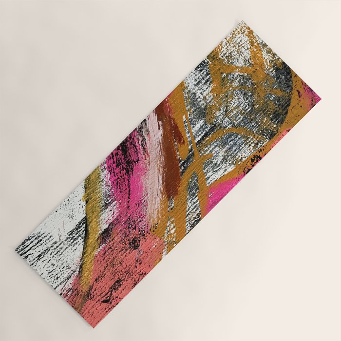 Motivation [3] : a colorful, vibrant abstract piece in pink red, gold, black and white Yoga Mat Gallery Image 1