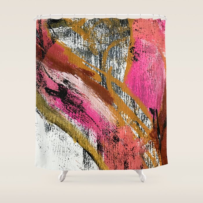 Motivation [3] : a colorful, vibrant abstract piece in pink red, gold, black and white Shower Curtain Gallery Image 1