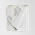 Vintage Sketched Floral Block Print - Blue Beige Throw Blanket Gallery Image 3