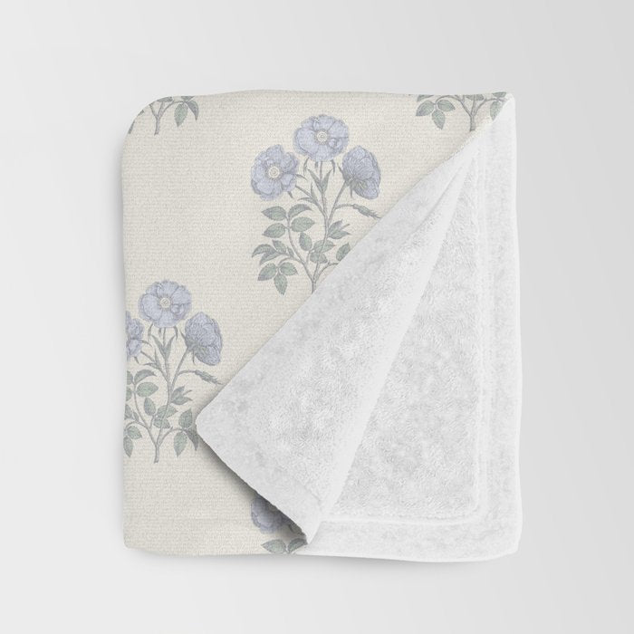 Vintage Sketched Floral Block Print - Blue Beige Throw Blanket Gallery Image 3