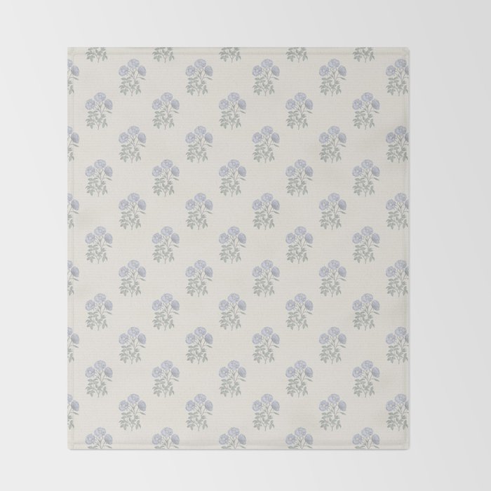 Vintage Sketched Floral Block Print - Blue Beige Throw Blanket Gallery Image 2