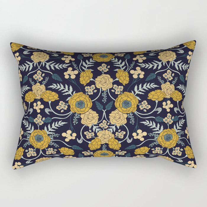 Navy Blue, Turquoise, Cream & Mustard Yellow Dark Floral Pattern Rectangular Pillow Gallery Image 1