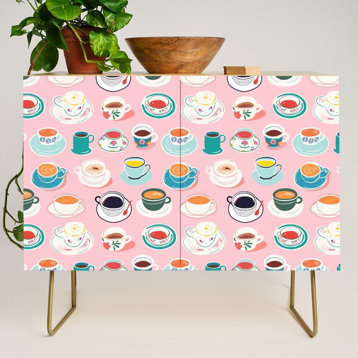 Retro hand drawn coffee tea cup pattern Credenza Gallery Image 1