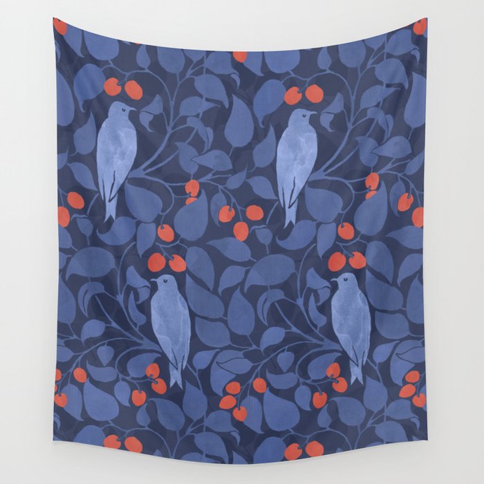 Blue Birds And Red Cherries Blue Wall Tapestry Gallery Image 4