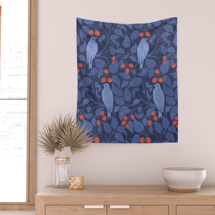 Blue Birds And Red Cherries Blue Wall Tapestry Gallery Image 2
