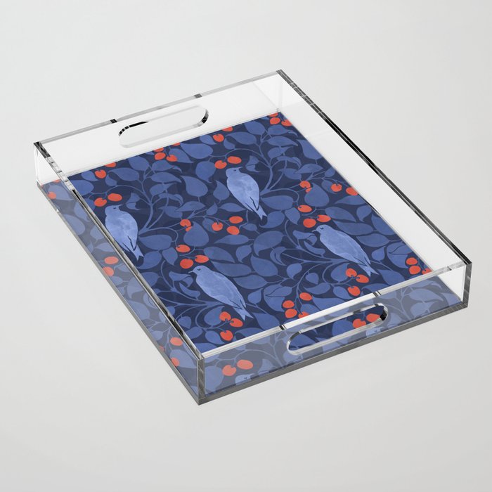 Blue Birds And Red Cherries Blue Acrylic Tray Gallery Image 1