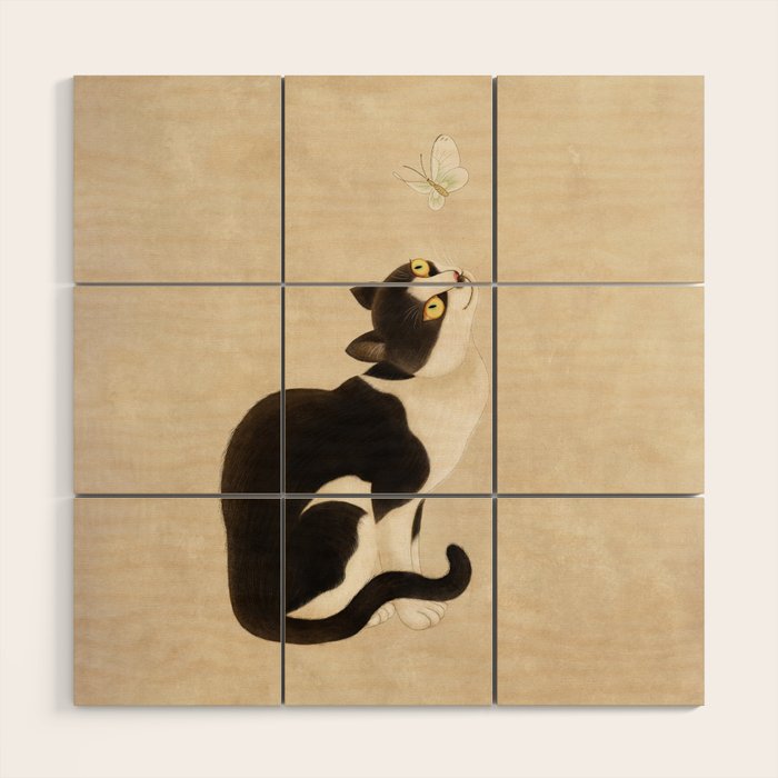 Minhwa: cat & butterfly (Korean traditional/folk art) Wood Wall Art Gallery Image 1