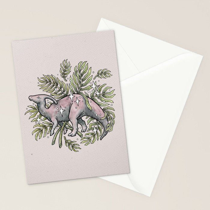 Parasaurolophus & Palms | Dinosaur Botanical Art Stationery Card Gallery Image 2