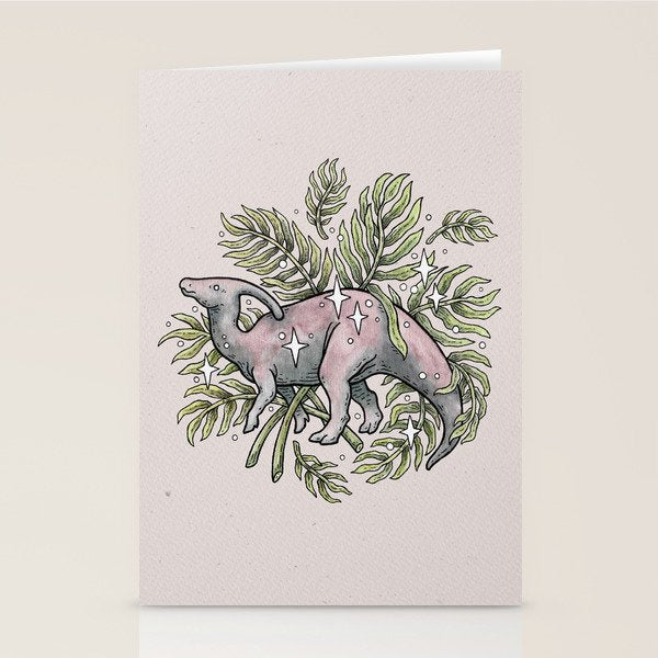 Parasaurolophus & Palms | Dinosaur Botanical Art Stationery Card Gallery Image 1