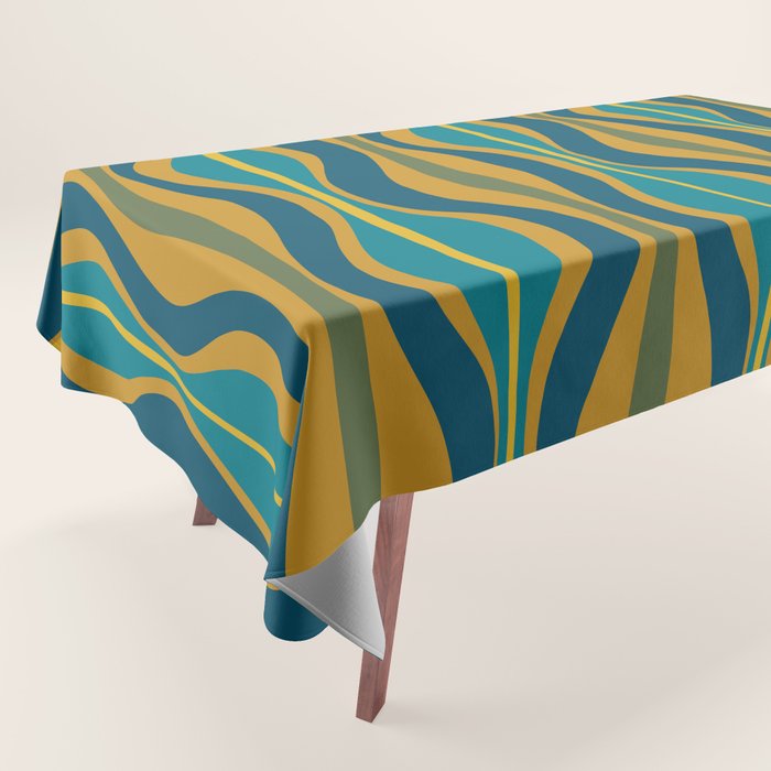 Hourglass Abstract Mid Century Modern Pattern in Moroccan Blue, Green, Teal, and Mustard Tablecloth Gallery Image 1