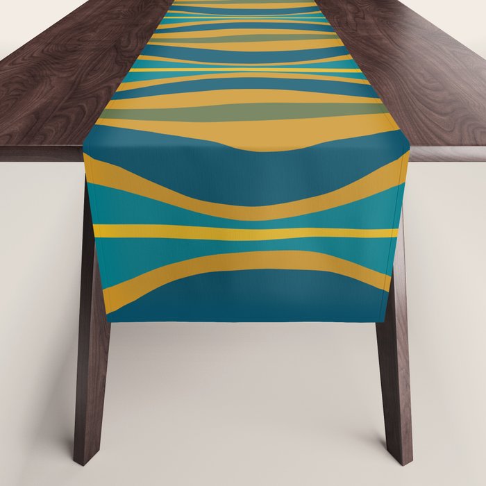 Hourglass Abstract Mid Century Modern Pattern in Moroccan Blue, Green, Teal, and Mustard Table Runner Gallery Image 1