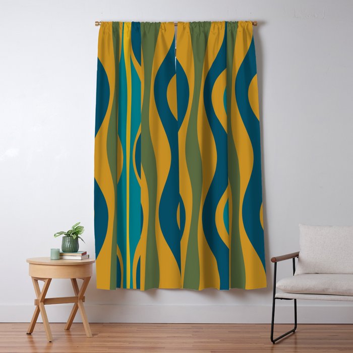 Hourglass Abstract Mid Century Modern Pattern in Moroccan Blue, Green, Teal, and Mustard Window Curtain Gallery Image 1
